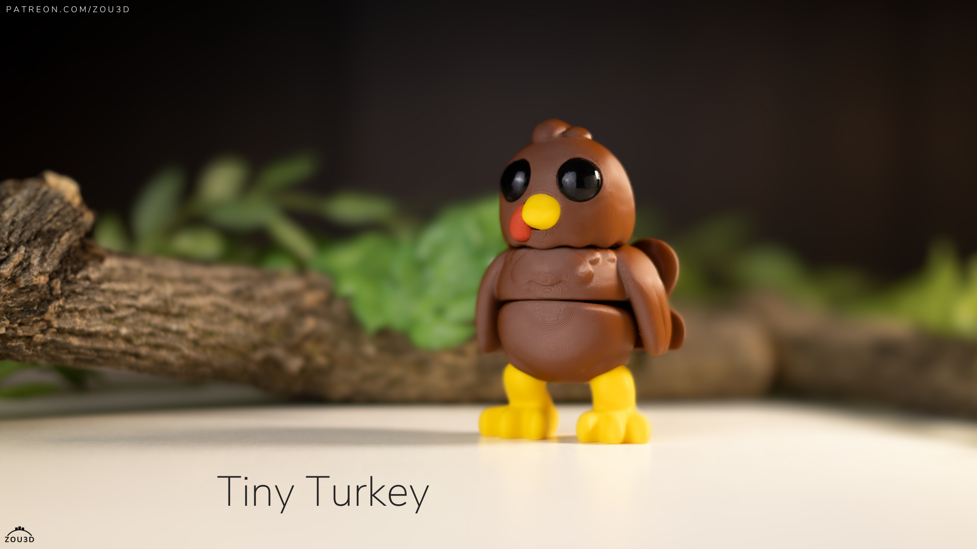Toy turkey figure with a dark background and green leaves